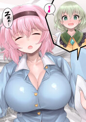 2girls black_hairband blue_shirt blush breasts closed_eyes commentary_request commission green_eyes green_hair hairband heart highres komeiji_koishi komeiji_satori large_breasts multiple_girls musical_note pink_hair pov ras_(ras33635191) shirt short_hair siblings signature sisters skeb_commission sleeping speech_bubble spoken_musical_note spoken_zzz touhou variant_set zzz