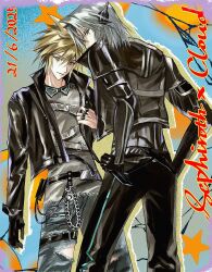 2boys 3_3lecho absurdres adjusting_clothes aqua_eyes belt black_belt black_gloves black_jacket black_pants blonde_hair chain character_name chest_strap cloud_strife cloud_strife_(rider_style) dated denim drop_shadow final_fantasy final_fantasy_vii final_fantasy_vii_ever_crisis gloves goggles goggles_around_neck grey_hair grey_shirt hand_up highres jacket jeans jewelry leather leather_jacket light_smile long_sleeves looking_at_viewer looking_back male_focus medium_hair multiple_belts multiple_boys multiple_rings official_alternate_costume open_clothes open_jacket pants parted_bangs ring sephiroth sephiroth_(custom_suit) sephiroth_(ever_crisis) shirt short_hair single_glove spiked_hair star_(symbol) time_paradox torn_clothes torn_jeans torn_pants upper_body