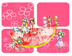 Rule 34 | 6+girls, blush, cirno, colored pencil (medium), eating, food, fruit, group picture, h1watar1, hakurei reimu, holding, holding food, holding fruit, kagiyama hina, kawashiro nitori, kirisame marisa, kochiya sanae, looking at another, multiple girls, on floor, oversized food, oversized object, pink background, remilia scarlet, sitting, sitting on object, smile, touhou, traditional media, watermelon