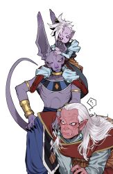 3boys beerus black_claws black_eyes boots cat_boy colored_sclera colored_skin dragon_ball dragon_ball_super dragonball_z earrings frown furry gold_armlet gold_bracer gold_choker hair_slicked_back hand_on_another&#039;s_shoulder hand_on_own_hip height_difference highres jewelry kaioushin kibito large_ears long_hair long_sleeves looking_at_another looking_to_the_side male_focus mohawk multiple_armlets multiple_boys pink_skin pointy_ears potara_earrings puffy_long_sleeves puffy_sleeves purple_skin red_footwear sen_(aypj8447) shin_(dragon_ball) short_male sitting_on_shoulder size_difference slit_pupils speech_bubble spoken_sweatdrop sweat sweatdrop tail tail_raised teeth white_background white_hair wrinkled_skin yellow_sclera