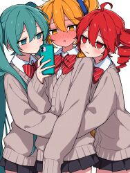 Rule 34 | 3girls, absurdres, ahoge, akita neru, aqua eyes, aqua hair, blush, bow, bowtie, brown cardigan, cardigan, collared shirt, drill hair, empty eyes, full-face blush, girl sandwich, hatsune miku, highres, holding, holding phone, kasane teto, long hair, mochi (user ters7875), multiple girls, phone, red bow, red bowtie, red eyes, red hair, sandwiched, shirt, side ponytail, simple background, triple baka (vocaloid), triple ryuunen, twin drills, twintails, utau, vocaloid, white background, white shirt, yuri
