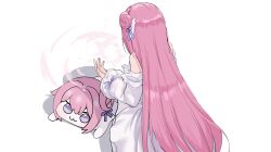 1girl :3 bare_shoulders doro_(nikke) dorothy_(nikke) dress from_behind goddess_of_victory:_nikke hair_bun hair_ribbon highres kurone_rinka long_hair long_sleeves pink_hair purple_ribbon ribbon simple_background single_side_bun white_background white_dress white_ribbon