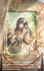 1girl artist_request ashley_(shining_nikki) blue_eyes blue_sky burn_scar character_name cloud collared_dress copyright_name cowboy_shot curtains dress english_text expressionless floral_print flower frilled_dress frills grey_hair hair_between_eyes hair_flower hair_ornament high_collar highres holding holding_paint_palette holding_paintbrush indoors light_rays logo long_hair long_sleeves museum nikki_(series) official_art on_a_sunny_field_(shining_nikki) paint paint_on_clothes paint_palette paintbrush painting_(object) parted_lips picture_frame puffy_long_sleeves puffy_sleeves scar scar_on_face second-party_source shining_nikki sky solo tree very_long_hair wavy_hair white_flower yellow_dress yellow_flower