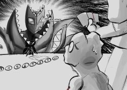 1other abbadomon abbadomon_core agumon capri_(letsseecapri) card digimon digimon_(creature) digimon_card_game extra_mouth gameplay_mechanics greyscale highres holding holding_card menacing monochrome sharp_teeth standing teeth trading_card