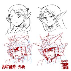 Rule 34 | 1other, 2girls, braid, circlet, commentary request, deedlit, dungeon meshi, elf, gundam, gundam wing, highres, kaneko tsukasa, low twin braids, marcille donato, mecha, monochrome, multiple girls, pointy ears, record of lodoss war, robot, signature, sketch, translation request, twin braids, twitter username, wing gundam zero