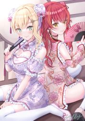 absurdres allymidorikawa bare_shoulders blonde_hair bow breasts bun_cover butterfly_earrings china_dress chinese_clothes cleavage cleavage_cutout clothing_cutout colored_inner_hair double_bun dress earrings flower folded_fan folding_fan frilled_dress frills green_eyes hair_bun hair_flower hair_ornament hairclip hand_fan heart_cutout highres holding holding_fan jewelry kurumi_noah large_breasts long_hair looking_at_viewer medium_hair multicolored_hair nekota_tsuna orange_hair pink_bow pink_nails pink_shoes puffy_short_sleeves puffy_sleeves purple_hair red_hair shoes short_dress short_sleeves side_slit sitting streaked_hair tassel tassel_hair_ornament thighhighs thighs virtual_youtuber vspo! wariza white_thighhighs yellow_eyes
