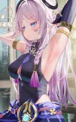 1girl armlet armpits arms_up bare_shoulders black_leotard blue_eyes blush breasts citlali_(genshin_impact) covered_erect_nipples covered_navel facial_mark forehead_mark genshin_impact highres jewelry kabu_usagi large_breasts leotard long_hair pink_hair presenting_armpit purple_leotard simple_background solo sweat upper_body very_long_hair white_background