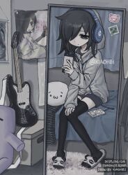 1girl animal_slippers bags_under_eyes bed bedroom black_hair black_shorts black_thighhighs cellphone closed_mouth digital_media_player expressionless green_eyes grey_hoodie guitar hair_over_one_eye half-closed_eye headphones holding holding_phone hood hoodie indoors instrument kuroki_tomoko looking_at_phone medium_hair mirror mirror_selfie on_bed phone poster_(object) rug short_shorts shorts sitting slippers smartphone solo stuffed_toy thighhighs watashi_ga_motenai_no_wa_dou_kangaetemo_omaera_ga_warui! xi7197269767042