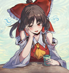 1girl ascot bare_shoulders blue_nails blush bow brown_hair chinese_commentary collared_shirt commentary copyright_name cup detached_sleeves fossilized_wonders frilled_bow frilled_hair_tubes frills hair_bow hair_tubes hakurei_reimu hand_on_own_face head_rest highres holding holding_cup long_hair open_mouth red_bow red_eyes red_shirt shirt shishui_guima sidelocks sleeveless sleeveless_shirt solo table touhou upper_body white_sleeves wide_sleeves yellow_ascot