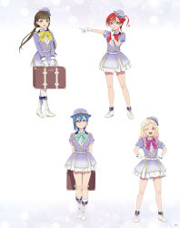 4girls arms_behind_back artbook blonde_hair blue_eyes blue_hair boots bow bowtie brown_hair full_body gloves green_bow green_bowtie green_eyes hair_between_eyes hat highres holding holding_suitcase long_hair love_live! love_live!_superstar!! multicolored_hair multiple_girls non-web_source official_art one_eye_closed onitsuka_natsumi orange_eyes pink_bow pink_bowtie pink_eyes red_bow red_bowtie red_hair sakurakoji_kinako short_hair skirt smile standing suitcase twintails wakana_shiki yellow_bow yellow_bowtie yoneme_mei