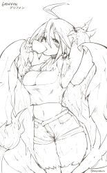 1girl ahoge armpits artist_name breasts clawed_hands cleavage commentary_request copyright_name cup drinking facial_mark feathered_wings fur-tipped_tail greyscale griffon_(monster_girl_encyclopedia) holding holding_cup looking_at_viewer medium_breasts monochrome monster_girl monster_girl_encyclopedia monster_girl_encyclopedia_ii nanostar navel short_shorts shorts sideboob sketch solo stomach tank_top teacup thick_thighs thighs wings