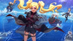4girls aircraft belt black_gloves blonde_hair boots brown_hair cloud crossed_arms crossed_legs dress emily_stewart floating forehead game_cg garter_straps gloves green_dress hakozaki_serika hat high_heel_boots high_heels idolmaster idolmaster_million_live! idolmaster_million_live!_theater_days military_vehicle multiple_girls nagayoshi_subaru nikaido_chizuru ocean official_art open_mouth purple_eyes ship shorts sitting skull thighhighs twintails warship watercraft
