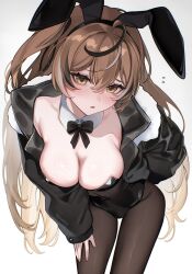 1girl ahoge alternate_costume animal_ear_hairband animal_ears black_jacket black_ribbon blush breasts brown_eyes brown_hair chestnut_mouth cleavage detached_collar double-parted_bangs fake_animal_ears hair_between_eyes hair_ribbon hairband hand_on_own_leg highres hololive hololive_english jacket leaning_forward leotard long_hair looking_at_viewer medium_breasts multicolored_hair nanashi_mumei pantyhose playboy_bunny rabbit_ear_hairband rabbit_ears ribbon sakichka side_ponytail signature solo streaked_hair very_long_hair virtual_youtuber white_background