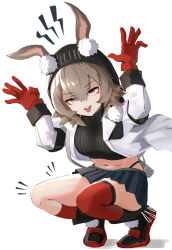 1girl absurdres animal_ears arknights arms_up asymmetrical_legwear black_skirt brown_hair caper_(arknights) claw_pose crop_top cropped_sweater full_body gloves hair_between_eyes highleg highres jacket jambaeng kneehighs long_sleeves looking_at_viewer midriff miniskirt navel notice_lines open_mouth pleated_skirt red_eyes red_gloves red_socks red_thighhighs ribbed_sweater short_hair simple_background single_kneehigh single_sock single_thighhigh skirt socks solo squatting sweater thighhighs tongue turtleneck turtleneck_sweater uneven_legwear white_background white_jacket