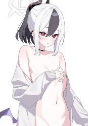 1girl black_choker black_hair black_horns blue_archive blush breasts choker collarbone commentary_request covering_nipples covering_privates demon_horns ear_piercing grey_hair grey_jacket groin halo highres horns jacket kayoko_(blue_archive) long_sleeves looking_at_viewer navel nude off_shoulder parted_lips piercing ponytail purple_wings red_eyes sidelocks simple_background single_wing small_breasts solo standing stomach ugai0524 white_background wings