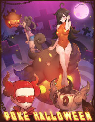 10s 3girls absurdres ahoge bag bare_shoulders barefoot bent_over black_hair blue_eyes blush breasts brown_hair chain covered_navel creature_and_personification creatures_(company) dark-skinned_female dark_skin denim denim_shorts drawing english_text fang fangs frown full_moon game_freak gen_6_pokemon glasses graveyard hair_over_one_eye halloween happy_halloween hex_maniac_(pokemon) highres large_breasts leotard long_hair moon multiple_girls night night_sky nintendo npc_trainer open_mouth personification phantump pokemon pokemon_(creature) pokemon_xy pumpkaboo pumpkin red-tinted_eyewear red_hair ryushin shauna_(pokemon) shorts sitting sky smile sunglasses team_flare team_flare_grunt tinted_eyewear twintails