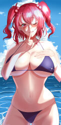1girl absurdres alternate_costume bikini blue_sky blush breasts cloud commentary_request cowboy_shot daichia day finger_to_mouth hair_bobbles hair_ornament highres index_finger_raised large_breasts looking_at_viewer navel ocean one_eye_closed onozuka_komachi open_mouth outdoors purple_bikini red_hair short_hair shushing sky smile solo sparkle swimsuit touhou two_side_up water