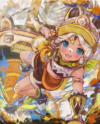 1girl :d animal_ears black_boots black_shorts blue_eyes blush boots braid commentary_request crop_top from_above genshin_impact grey_hair hat highres hikari_niji kachina_(genshin_impact) long_hair looking_at_viewer looking_up midriff mittens navel open_mouth parted_bangs short_eyebrows shorts smile socks solo thick_eyebrows very_long_hair white_hat white_mittens yellow_socks