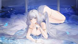 1girl absurdres armlet azur_lane blue_eyes breasts dress elbow_gloves flantia gloves highres illustrious_(azur_lane) illustrious_(soft_light_and_a_melody)_(azur_lane) jewelry large_breasts long_hair looking_at_viewer solo thighlet white_dress white_gloves white_hair