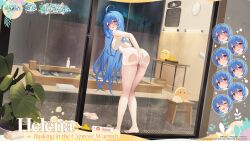 1girl :d :o @_@ arm_behind_back ass azur_lane bare_legs bare_shoulders bent_over blue_hair blush breasts embarrassed evening from_behind full_body hair_between_eyes helena_(azur_lane) helena_(basking_in_the_cypress&#039;_warmth)_(azur_lane) highres indoors knees_together_feet_apart legs long_hair looking_at_viewer looking_back medium_breasts naked_towel official_art open_mouth pout promotional_art purple_eyes smile solo standing surprised thighs towel very_long_hair wet wet_towel