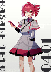 1girl ahoge arm_at_side belt black_belt black_skirt bow buttons cellphone character_name double-breasted drill_hair feet_out_of_frame fin_gocco gradient_background grey_background grey_jacket hair_between_eyes hair_bow hair_ribbon hand_up highres holding holding_phone jacket kasane_teto kasane_teto_(sv) layered_skirt layered_sleeves long_sleeves open_mouth phone red_eyes red_hair red_skirt red_trim ribbon shoulder_belt shoulder_boards skirt smartphone solo standing striped_clothes striped_jacket striped_skirt synthesizer_v teeth twin_drills upper_teeth_only utau white_background white_bow
