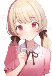 1girl absurdres blonde_hair blush collared_shirt daysss hair_ribbon highres holding holding_pencil long_hair looking_at_viewer low_twintails mechanical_pencil neck_ribbon original pencil red_eyes ribbon shirt short_sleeves smile solo twintails upper_body