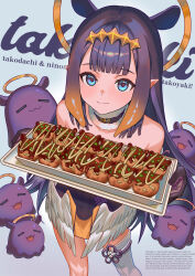 1girl absurdres asymmetrical_legwear bare_shoulders black_dress black_gloves blue_eyes blunt_bangs detached_collar double-parted_bangs dress fluffycatfish food from_above gloves gradient_hair hair_ornament halo highres holding holding_plate hololive hololive_english looking_at_viewer low_wings mole mole_under_eye multicolored_hair ninomae_ina&#039;nis ninomae_ina&#039;nis_(1st_costume) orange_hair orange_skirt plate pointy_ears print_dress purple_hair single_thighhigh skirt smile takodachi_(ninomae_ina&#039;nis) takoyaki tentacle_hair thighhighs traditional_halo white_wings wings