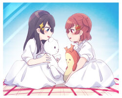 2girls aged_down aijou_karen blue_background blue_eyes blush border bow bowtie character_doll commentary_request crown_hair_ornament doll dress face-to-face from_side full_body gradient_background highres hirake_goma holding holding_doll holding_stuffed_toy kagura_hikari long_dress long_hair looking_at_another looking_at_object motion_lines multiple_girls neck_ribbon on_floor parted_lips profile puffy_short_sleeves puffy_sleeves red_eyes ribbon short_hair short_sleeves shoujo_kageki_revue_starlight sparkle_hair_ornament stuffed_animal stuffed_crab stuffed_toy teddy_bear two_side_up v_arms white_border white_bow white_bowtie white_ribbon