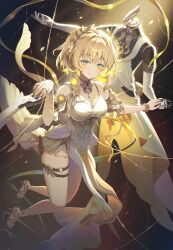 1girl absurdres aglaea_(honkai:_star_rail) ancient_greek_clothes bare_shoulders blonde_hair breasts cleavage closed_mouth clothing_cutout dress gold_tattoo greco-roman_clothes hayun high_heels highres honkai:_star_rail honkai_(series) laurel_crown looking_at_viewer mannequin sandals short_hair shoulder_cutout solo thigh_strap thighs thread white_dress yellow_nails