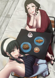 Rule 34 | akai melon, black hair, blush, breasts, closed mouth, commentary request, dress, earrings, hairband, highres, huge breasts, jewelry, long hair, looking at viewer, melinda desmond, multiple girls, open mouth, outdoors, short hair, smile, spy x family, yor briar
