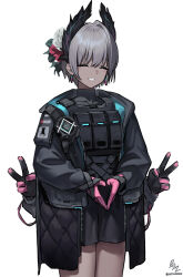 1girl absurdres aqua_coat arknights artist_name black_coat black_feathers black_gloves black_skirt black_undershirt black_vest bulletproof_vest coat covered_collarbone cowboy_shot dark-skinned_female dark_skin dhokidoki double_v extra_arms eyelashes feathers flower gloves grey_hair grin hair_flower hair_ornament head_wings highres long_sleeves multicolored_coat own_hands_together parted_lips pendant_earring pink_gloves planet_earrings raidian_(arknights) red_flower short_hair signature skirt smile solo standing turtleneck twitter_username two-tone_coat two-tone_gloves v vest white_flower wings