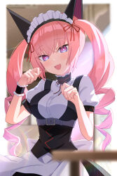 1girl akiha_rumiho animal_ears belt black_choker black_hairband blush breasts cafe cat_ears cat_girl choker commentary english_commentary fake_animal_ears hairband highres indoors light_particles long_hair looking_at_viewer maid maid_headdress medium_breasts mohurine_cute neck_ribbon open_mouth pink_eyes pink_hair puffy_short_sleeves puffy_sleeves red_ribbon ribbon short_sleeves smile solo steins;gate sunlight table twintails