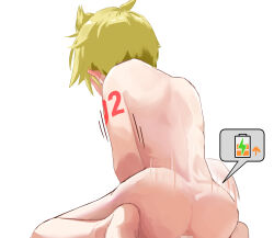 1boy absurdres anus ass back barefoot battery_indicator blonde_hair blush censored commentary completely_nude ear_blush from_behind highres kagamine_len kubari male_focus mosaic_censoring motion_lines nude number_tattoo shota shoulder_tattoo simple_background soles solo tattoo vocaloid white_background