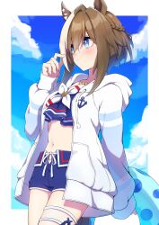 1girl absurdres animal_ears bikini blue_bikini blue_eyes blue_sky braid brown_hair cheval_grand_(summer_calm_navy_drop)_(umamusume) cheval_grand_(umamusume) cloud commentary_request day hair_between_eyes highres horse_ears horse_girl horse_tail jacket multicolored_hair official_alternate_costume open_clothes open_jacket outdoors ruisuke short_hair sky solo streaked_hair swimsuit tail umamusume white_hair white_jacket