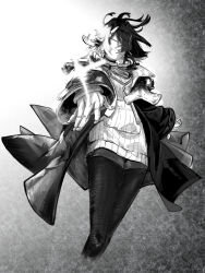 1girl absurdres arknights arknights:_endfield black_pantyhose endministrator_(arknights) female_endministrator_(arknights) greyscale highres jacket mask monochrome open_clothes open_jacket pantyhose sweater tanoy white_sweater