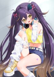 1girl 4kimizuki :d absurdres alternate_costume alternate_hairstyle belt belt_collar blue_shorts brown_hair choker collar commentary crop_top english_commentary feather_hair_ornament feathers hair_between_eyes hair_ornament headphones headphones_around_neck heart heart_choker heart_sticker highres indie_virtual_youtuber leg_warmers looking_at_viewer lua_asuka multicolored_shoes navel open_mouth purple_hair second-party_source shirt shoelaces shoes shorts smile sneakers solo star_sticker tongue twintails two-tone_shoes virtual_youtuber white_arm_warmers white_belt white_leg_warmers yellow_eyes yellow_shirt yellow_shoes