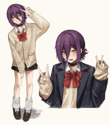 1girl absurdres black_choker black_jacket black_shoes black_skirt blazer blush bow bowtie cardigan chainsaw_man choker collared_shirt deyo_(nicijyou) double_v eyeshadow grin hair_between_eyes highres jacket long_bangs long_sleeves looking_at_viewer loose_socks makeup miniskirt multiple_views open_clothes open_jacket open_mouth parted_lips purple_hair red_bow red_bowtie red_eyeshadow reze_(chainsaw_man) school_uniform shirt shoes short_hair sidelocks skirt sleeves_past_wrists smile socks sweat upper_body v white_socks yellow_cardigan yellow_eyes