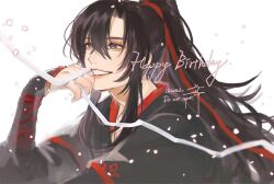 Rule 34 | 1010923, 1boy, bishounen, black hair, black hanfu, chinese clothes, dated, falling petals, grey eyes, grin, hair between eyes, hair ribbon, hand on own face, hanfu, happy birthday, highres, holding, holding ribbon, implied yaoi, long hair, male focus, modao zushi, petals, ponytail, red ribbon, ribbon, robe, sidelocks, simple background, sleeves past wrists, smile, solo, twitter username, upper body, watermark, wei wuxian, white background, white ribbon, wide sleeves
