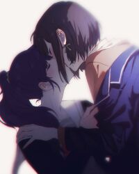 2girls asahina_mafuyu blush brown_hair brown_sweater closed_eyes commentary_request french_kiss hand_on_another&#039;s_shoulder highres jacket kamo_(kraw3887) kiss long_hair long_sleeves multiple_girls ponytail project_sekai purple_hair purple_jacket sailor_collar shinonome_ena short_hair simple_background sweater upper_body white_background white_sailor_collar yuri