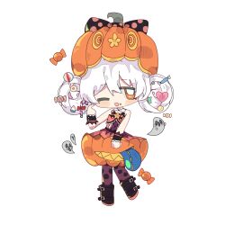 1girl a_wuqi bare_shoulders belt belt_buckle black_belt black_boots black_bow black_bowtie black_wrist_cuffs blush_stickers boots bow bowtie bubble_skirt buckle buttons candy candy_cane candy_hair_ornament chibi clenched_hand coat crumbs detached_collar dot_nose double_bun food food-themed_hair_ornament frilled_wrist_cuffs frills ghost hair_between_eyes hair_bun hair_ornament halloween halloween_costume hat hat_bow heart heart_hair_ornament highres lollipop mahou_shoujo_madoka_magica mahou_shoujo_madoka_magica:_hangyaku_no_monogatari miniskirt momoe_nagisa multiple_belts one_eye_closed open_mouth orange_eyes orange_hat pantyhose pink_skirt polka_dot polka_dot_bow polka_dot_bowtie polka_dot_pantyhose polka_dot_shirt pumpkin_costume pumpkin_hat purple_pantyhose purple_shirt shirt shoe_belt short_hair simple_background skirt smile solo standing strapless strapless_shirt tareme white_background white_coat white_hair wrist_cuffs