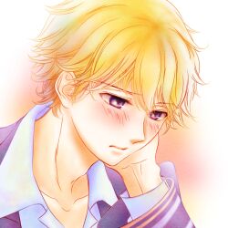 1boy adam&#039;s_apple azu_rin_go blonde_hair blush bokujou_monogatari bokujou_monogatari:_mittsu_no_sato_no_taisetsuna_tomodachi closed_mouth collarbone collared_shirt embarrassed hair_between_eyes hand_on_own_cheek hand_on_own_face highres jacket long_sleeves male_focus portrait purple_eyes purple_jacket raised_eyebrow red_background shirt short_hair simple_background solo wayne_(bokujou_monogatari) white_background white_shirt wing_collar