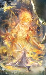 Rule 34 | 1girl, 1other, androgynous, animal print, artist request, blonde hair, bug, butterfly, butterfly print, chalice, closed eyes, closed mouth, cup, dress, embers, expressionless, eyelashes, fairy, fairy wings, fiery hair, fire, floating hair, forest, full body, game cg, giant, gold tiara, gown, grey dress, hair between eyes, hephaes (shining nikki), highres, insect, interlocked fingers, juliet sleeves, kneeling, layered dress, light particles, lips, long dress, long hair, long sleeves, nature, neck ruff, night, nikki (series), off-shoulder dress, off shoulder, official art, ophelia (shining nikki), orange hair, orange lips, orange robe, orange wings, outdoors, own hands clasped, own hands together, parted lips, petals, pointy ears, praying, puffy sleeves, pyrokinesis, robe, shining nikki, size difference, tiara, very long hair, white dress, white wings, wide sleeves, wings