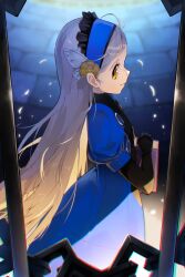1girl absurdres bars black_gloves blue_dress book butterfly_hair_ornament chain dress frilled_hairband frills gloves grey_hair grin hair_ornament hairband highres holding holding_book lavenza_(persona_5) long_hair looking_at_viewer no_842 persona persona_5 sideways_glance smile solo standing very_long_hair yellow_eyes
