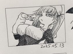 1girl 2025 :&lt; alternate_breast_size black_dress bleach blush breasts chibi dated dokugamine_riruka dress fingernails hanya_(hanya_yashiki) hat large_breasts long_hair looking_at_viewer monochrome nail_polish simple_background solo traditional_media tsundere twintails very_long_hair white_background