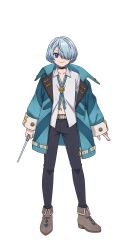 Rule 34 | 1boy, anime coloring, aoi tomato, belt, bibia (tsuihousha shokudou e youkoso!), black pants, blue eyes, blue hair, bob cut, boots, brown boots, closed mouth, collarbone, collared shirt, full body, hair over one eye, highres, holding, holding rod, jacket, long sleeves, looking at viewer, open hand, pants, rod, shirt, short hair, simple background, smile, solo, standing, transparent background, tsuihousha shokudou e youkoso!, white belt, white shirt