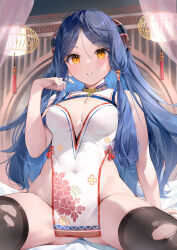 1girl andychen bare_shoulders blue_hair blush breasts character_request china_dress chinese_clothes covered_navel dress hair_ornament highres horns large_breasts long_hair looking_at_viewer parted_bangs parted_lips solo spread_legs thighhighs torn_clothes torn_thighhighs virtual_youtuber yellow_eyes