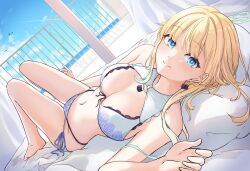 1girl aizawa_ema aizawa_ema_(summer_c102) animal_earrings bikini blonde_hair blue_eyes blue_sky breasts earrings floating_earring floral_print frills front-tie_bikini_top front-tie_top full_body gradient_hair halterneck high-waist_bikini highres jewelry large_breasts looking_at_viewer lying multicolored_hair navel ocean ogura_toast on_back on_bed pillow railing side-tie_bikini_bottom sky smile solo swimsuit virtual_youtuber vspo! white_bikini