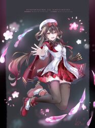 1girl black_thighhighs flower-shaped_pupils full_body genshin_impact hat highres hu_tao_(cherries_snow-laden)_(genshin_impact) hu_tao_(genshin_impact) jumping long_sleeves looking_at_viewer luta_(luta_1013) official_alternate_costume open_mouth red_footwear red_skirt round_eyewear shirt signature skirt smile solo symbol-shaped_pupils thighhighs twitter_username white_hat white_shirt zettai_ryouiki