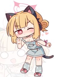1girl :d animal_ear_headphones animal_ears bare_shoulders blonde_hair blue_archive blush breasts chibi closed_mouth collarbone fake_animal_ears grey_socks hair_bun halo hana_kazari hand_up headphones heart highres loli looking_at_viewer momoi_(blue_archive) multiple_views nipples o_o one_eye_closed open_mouth overall_skirt pink_eyes pink_shoes polka_dot_socks shoes simple_background single_side_bun small_breasts smile socks strap_slip sweat tail white_background zoom_layer