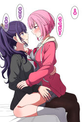 2girls :d arimon_(dfrgty12) asahina_mafuyu black_cardigan blush breasts cardigan commentary_request drawstring eye_contact face-to-face feet_out_of_frame fingernails from_side full_body grey_serafuku grey_shirt grey_skirt hair_between_eyes hair_flaps hair_over_shoulder hand_on_another&#039;s_arm hand_on_another&#039;s_waist high_ponytail highres hood hood_down hooded_jacket jacket kneehighs long_hair long_sleeves looking_at_another medium_breasts miniskirt miyamasuzaka_girls&#039;_academy_school_uniform multiple_girls neckerchief no_shoes nose_blush on_bed ootori_emu open_cardigan open_clothes open_jacket open_mouth pink_eyes pink_hair pink_jacket pleated_skirt ponytail profile project_sekai puffy_long_sleeves puffy_sleeves purple_eyes purple_hair red_neckerchief school_uniform serafuku shirt short_hair simple_background sitting sitting_on_lap sitting_on_person skirt smile socks sweatdrop translation_request white_background white_hood white_socks yuri